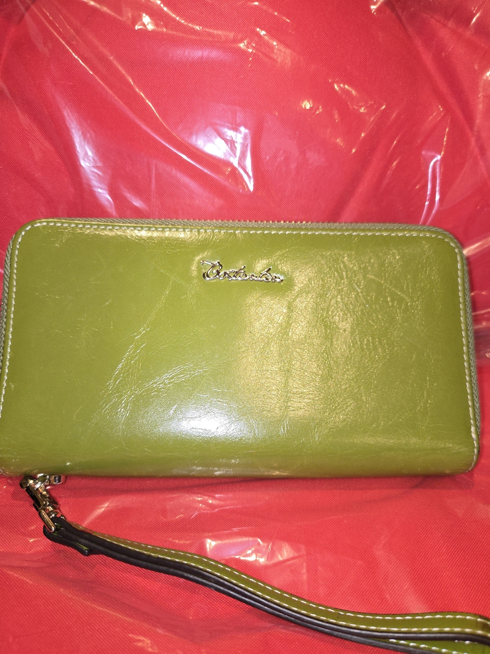 Green Oil Leather Double Zip-Around Wristlet Wallet - Bostanten. GUC